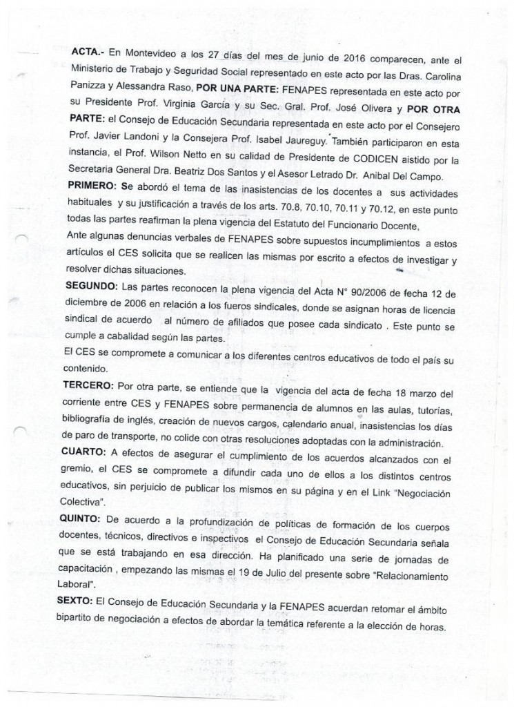 15 - Acta borrador que CES propone a DINATRA para acordar con FENAPES (no firmada) - 27 de junio de 2016 (1)