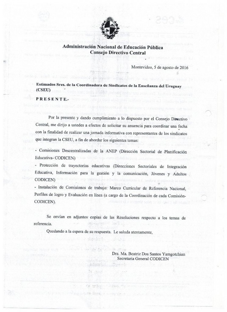 17 - CODICEN invita a la CSEU para informarla de reformas no negociadas - 5 de agosto de 2016