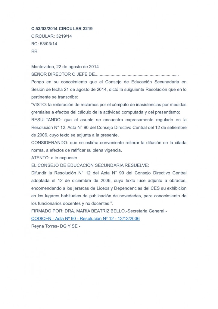 9 - Circular 3219 del CES que reglamenta el Acta 90 del CODICEN - 22 de agosto de 2014